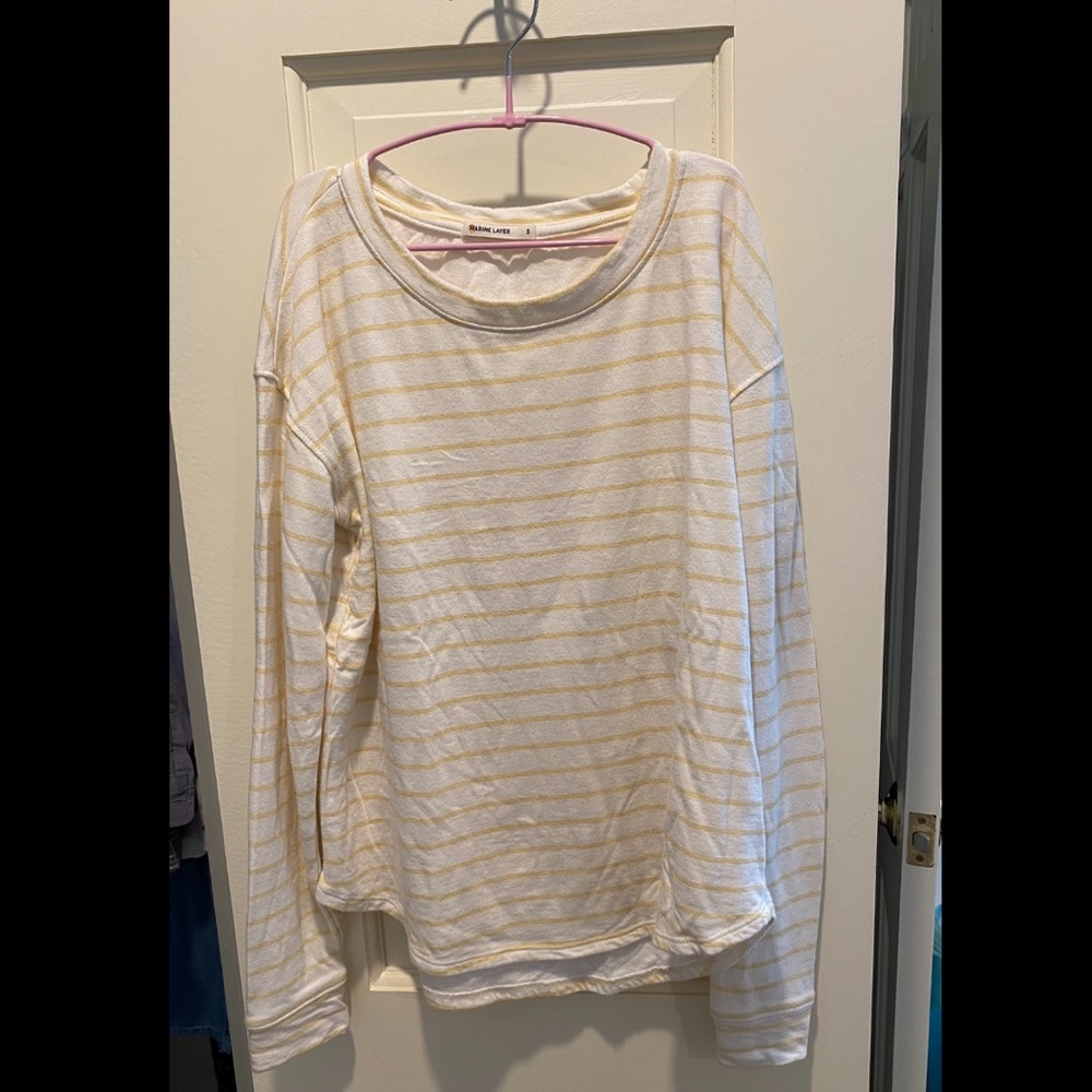 Marine Layer Marlie Double Knit Drop Shoulder Crew in Yellow Stripe Size Small